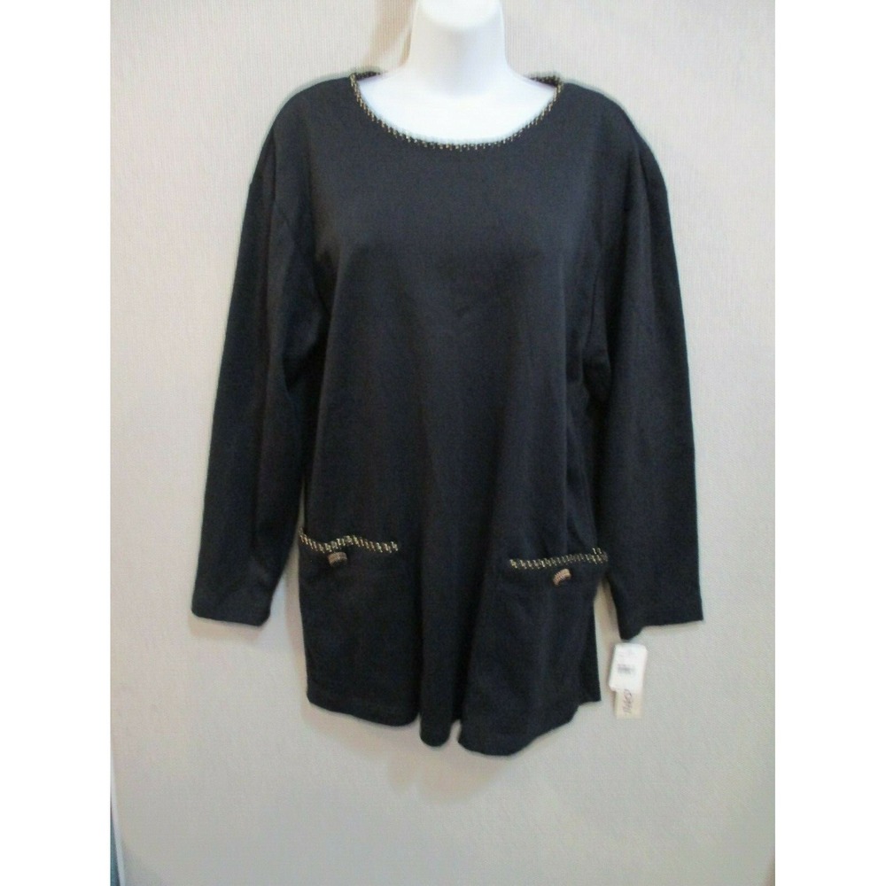 Vintage 80's Aron Knit Top Size Large Black and Gold Trim Tunic NWT NOS